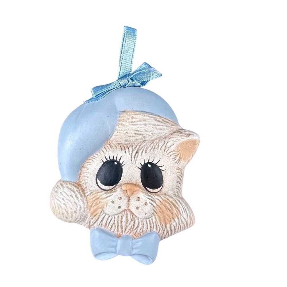 Adorable Ceramic Cat Face Ornament Blue‎ Hat Bow Tie Kitten Christmas Tree Decor
